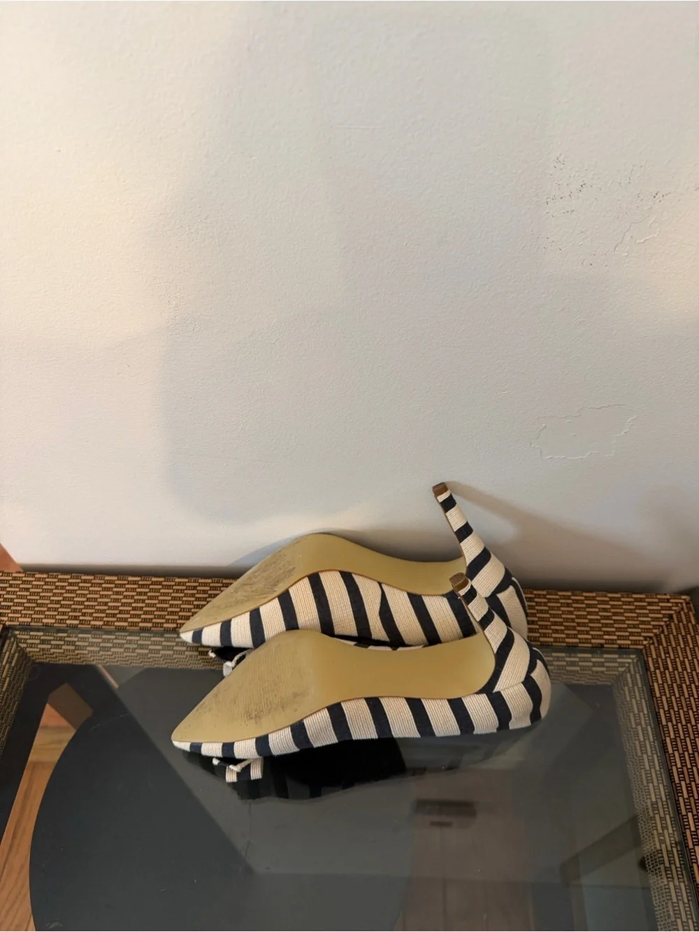 J. Crew Navy and Cream Striped Pointed-Toe Bow Heels